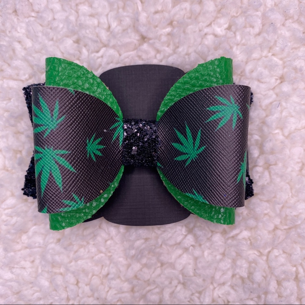 Marijuana Faux Leather Small Glitter Bow